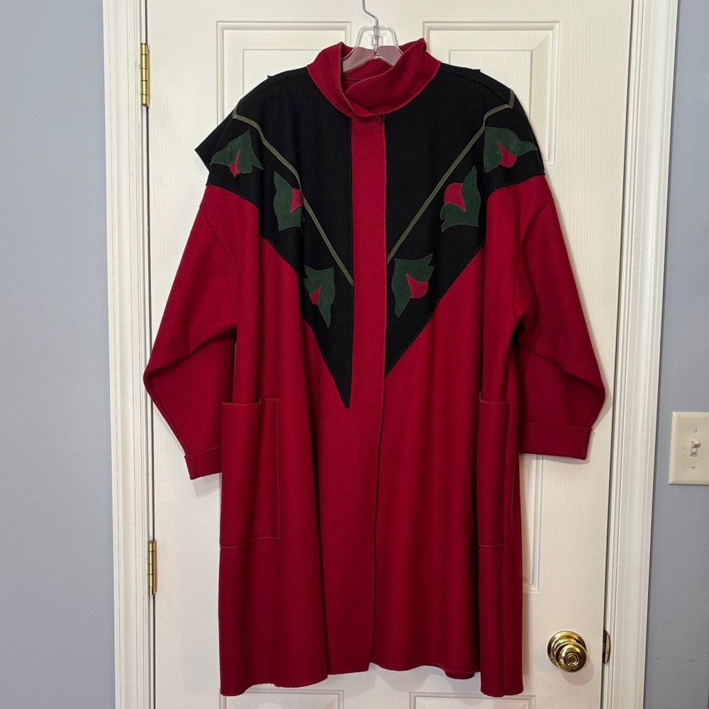 OSFM Vintage Osgood Smuk Red Wool Leather Swing Cloak Coat Leather Appliqué